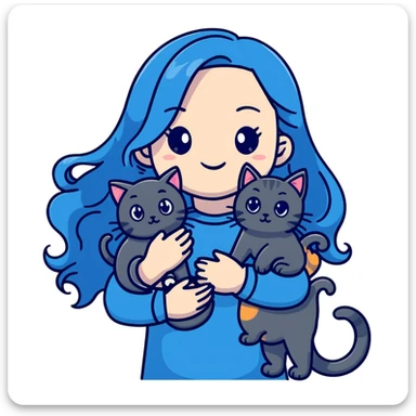 Girl with long wavy blue hair holding three cats, one black cat, one grey cat, and one grey-striped cat sticker