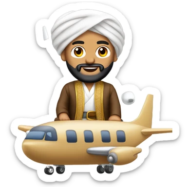 turban Middle East man in traditional  outfit riding on top of tiny Boeing 737 sticker