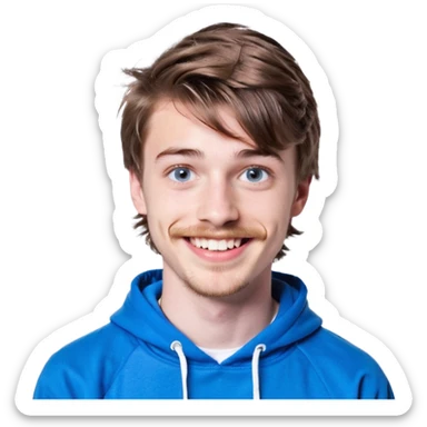 20 year old man, short scruffy beard and thin moustache, brown puffy mullet, blue eyes, big smile, white teeth, big lips, pronounced jaw, hair longer in back, sticking up on top, thin face, grey hooded sweatshirt, pale skin, big smile, blue eyes, puffy hair that is long in back sticker