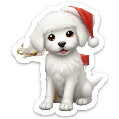 Fluffy white puppy wearing Santa hat with present sticker