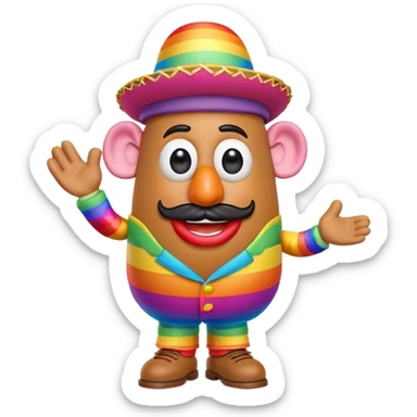 Create a 3D Pixar-style Mr. Potato Head character with a rounded, slightly uneven shape, expressive eyes, a wide smile, and cartoonish limbs, dressed in a colorful rainbow suit with intricate embroidery and a vibrant colorful hat sticker