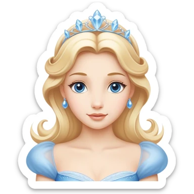 Cinematic Timeless Cinderella Portrait Emoji, rendered in a realistic, simplified vector style. Depict a classic Cinderella with delicate fair skin, beautifully styled blonde hair, and a calm, content expression, dressed in her iconic gown. The design is highlighted by a soft glowing outline and gentle, enchanting luminosity, capturing the essence of pure fairy-tale elegance. sticker