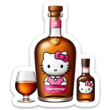 Hennessy bottle with hello kitty icon on the label sticker