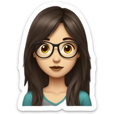 Gamer girl, dark brown and long hair, fringe, raund glasses sticker