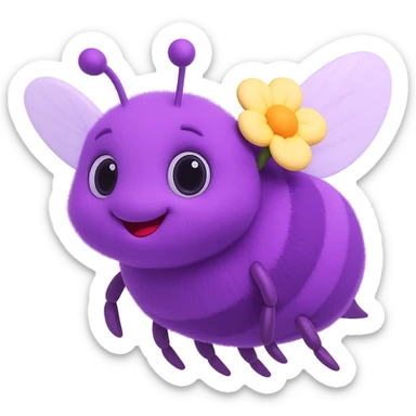 A 3D emoji of a purple bee, facing right, with a happy expression, glossy finish on its body, detailed antennae, and a small flower on its back. sticker