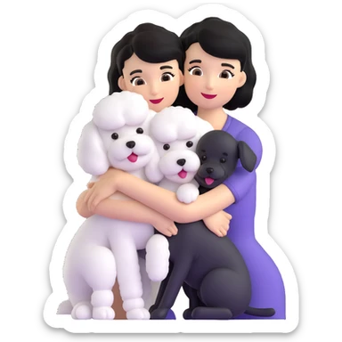 woman with short black hair hugging a brown poodle and a white bichon frise sticker
