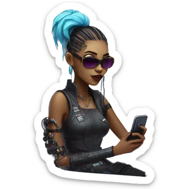 Cyberpunk girl with the phone sitting it fashionable co-working area sticker