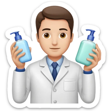 man with white coat holding skincare products sticker