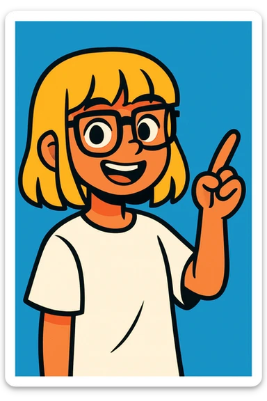 Smiling girl with blonde hair, bangs, and brown eyes, wearing black square glasses and a white oversized T-shirt, pointing her finger up to the right, vibrant cartoon style sticker