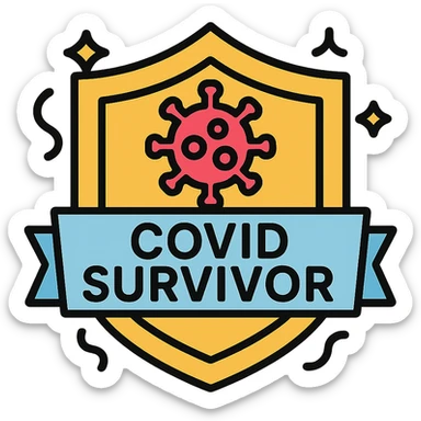 colorful badge icon with a shield and virus symbol, text 'COVID Survivor', celebratory style sticker