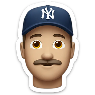 white man with brown chops and ny baseball cap and mustache sticker