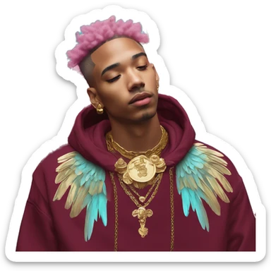 Vintage painting swirls gold jewellery baroque raven wings angel tropical Deep pink maroon burgundy cyan dark hoodie man vitiligo dyed hair gold piercings nose piercing ear piercings sticker