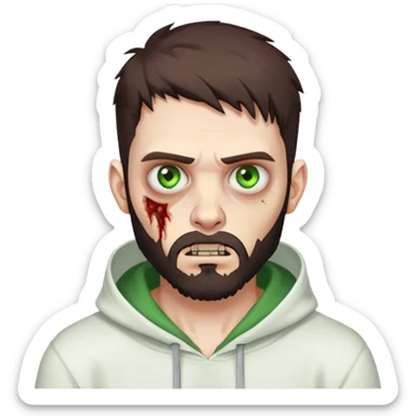 zombie pointing finger, undercut hairstyle with dark brown hair, short full beard, heterochromia with one green eye and one brown eye, wearing plain white hoodie sticker