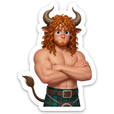 ginger curly buff hairy man with freckles with with messy extra long bangs covering the eyes like scottish bull with bull horns and bull ears and bull tail dressed in kilt posing with his arms crossed sticker
