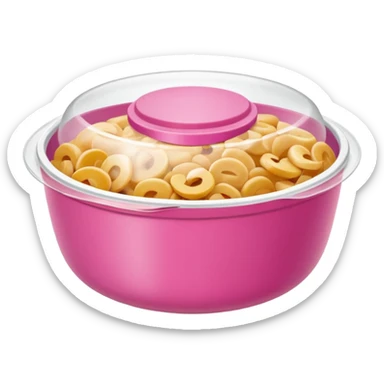 leftover food bowl, with plastic cover on top. pink sticker