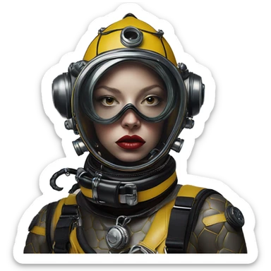 Wasp diver in Dior Gucci Hermes leather straps, oil paint, mysterious eyes, intricate lips, masterpiece portrait , odd perspective, beautiful, desirable, logical sticker