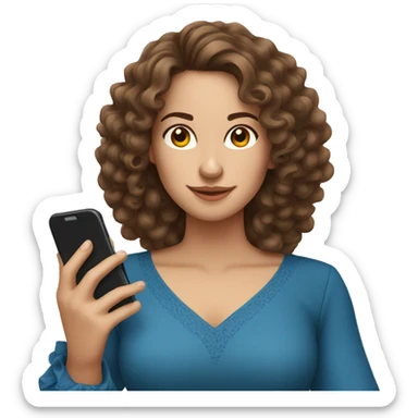Spain woman content creator with long curly brown hair in blue dress and with smartphone  sticker