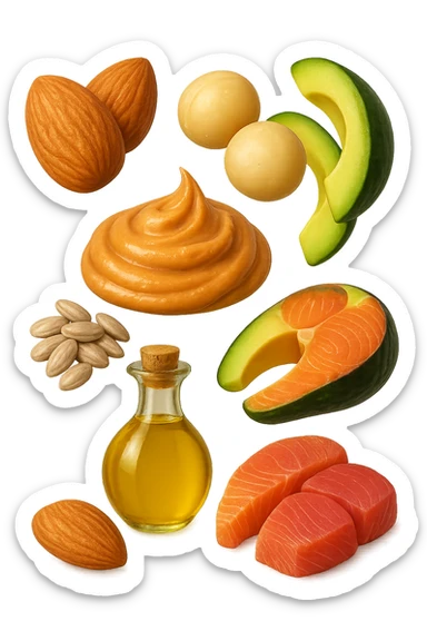 EMOJI STILE IPHONE DI
Frutta secca (mandorle, noci macadamia)
Burro di frutta secca (es. burro di arachidi)
Avocado (in piccole porzioni)
Semi
Olio extravergine d’oliva
Pesce grasso (salmone, tonno)
, fluttuano in aria REALISTICA 4K sticker