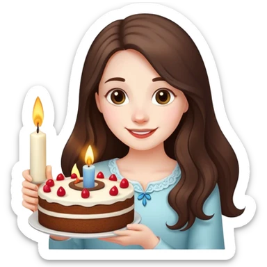 happy beautiful pale brunette girl with long hair holding a piece of cake with candle sticker