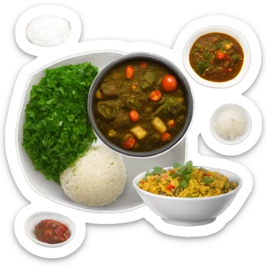 Ghormeh sabzi stew with rice and shirazi salad next to it sticker