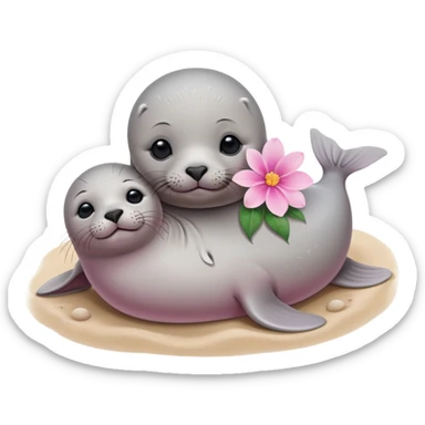 A small, slim baby seal resting gracefully on a sandy beach, with a delicate pink flower placed on its head.  Grey color sticker