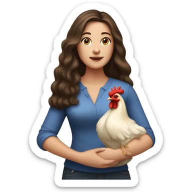 white brunette woman with long hair and brown eyes holding a chicken sticker