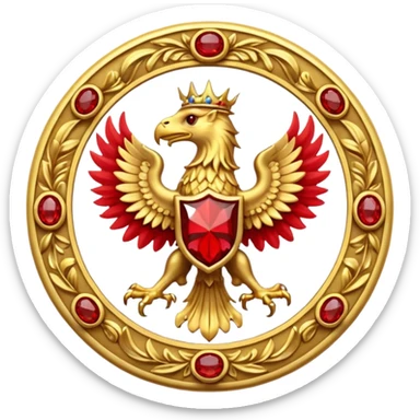 Golden griffin crest / brosch in a circle with red gems and no background sticker