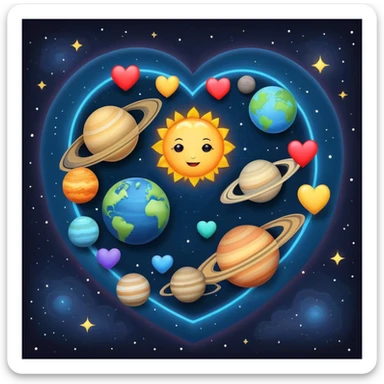 Solar system with heart-shaped planets orbiting a sun, colorful planets in the shape of hearts sticker