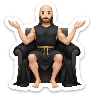 fullbody bald jesus christ jacked, sleeveless black robe sitting hands on armrests sticker