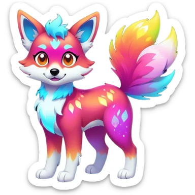 Vibrant multicolored neon-colored Falvie-Fionbri-creature-sparkle-dog-fursona, full body sticker