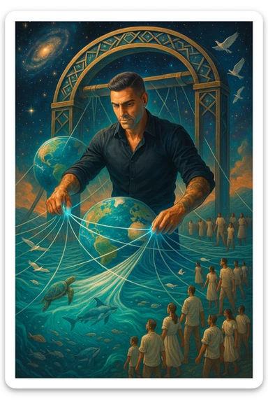 Uomo del 2030 al telaio gigante cosmico che tesse il destino del pianeta con fili di cotone stellare, ogni fibra naturale che intreccia ripara una parte dell'ecosistema terrestre, dita che brillano mentre guidano i fili di cotone attraverso dimensioni parallele, tessuto che si estende dall'atmosfera fino alle profondità marine, creature marine che nuotano attraverso le onde del tessuto acquatico, uccelli che volano seguendo i pattern del tessuto aereo, humanity unita che indossa vestiti di cotone e partecipa alla grande tessitura collettiva della salvezza planetaria sticker