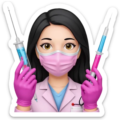 laboratorista con guantes rosa y mascarilla rosa  jeringa tubos  pelo negro largo triguella sin lentes pelo lacio negro y largo  sticker