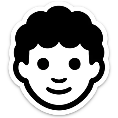 realistic stamp impression of a boy with curly hair, fully black and white, solid filled icon style sticker