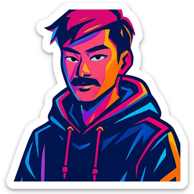 Asian man with black mustache, red hair, black hoodie, in vibrant neon-lit 80's cyberpunk anime style sticker