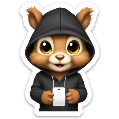 Cute realistic fluffy Squirrel with fluffy ears in black hoodie holding an iPhone  sticker