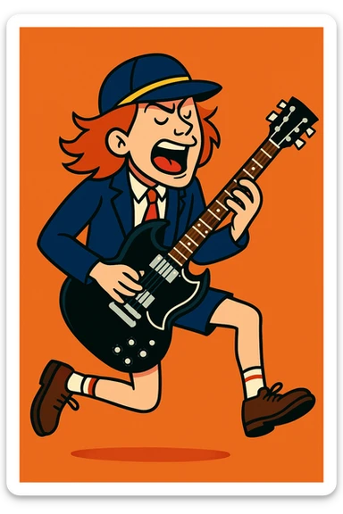 Angus Young in a schoolboy outfit, cap and tie, playing electric guitar, vibrant toon style sticker