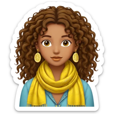 bohemian girl, brown skin, long curly brown hair up, lemon yellow scarf, round earrings, free-spirited sticker