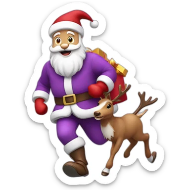 Santa Claus dressed in purple running with the reindeer to deliver the presents sticker