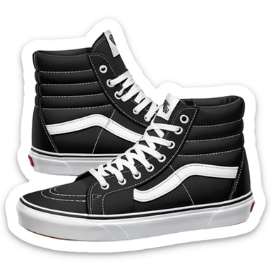 Black Vans Sk8-Hi shoes arranged as a neat pair with the back shoe slightly offset behind the front one, detailed high tops with signature white stripe and waffle soles sticker