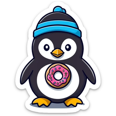 penguin with a cute hat and a donut in hand sticker