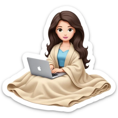 Barbie girl with a long wavy dark brown hair inside a pale beige blanket working macbook  sticker