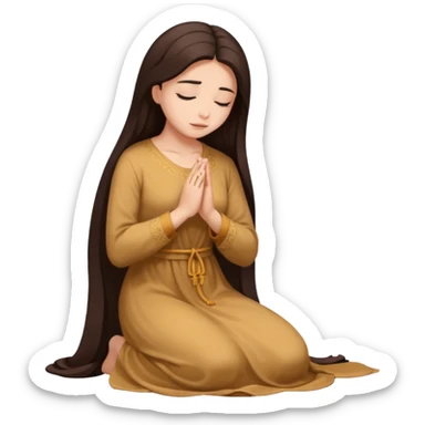woman in a long dress, kneeling in prayer, long dark brown hair sticker