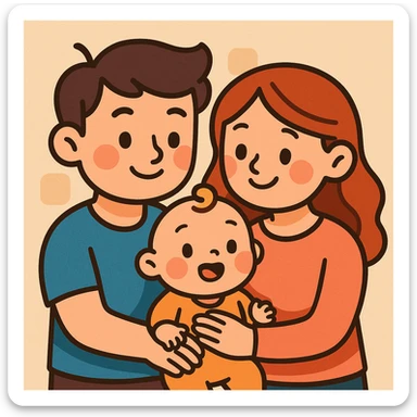 cartoon style small family, two parents and one baby, cute, soft colors sticker