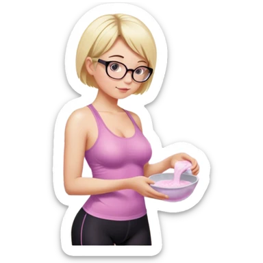 Thick fair skinned woman, short blond hair, small light purple reading glasses, washing dishes, sheer pink tank top, showing natural breast shape SFW, black yoga pants, thick booty sticker