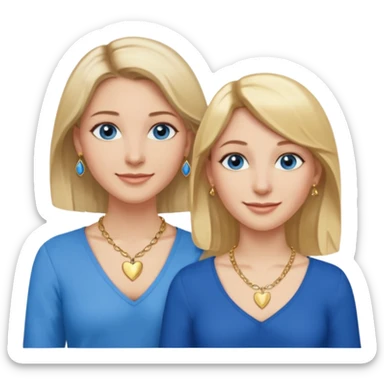 Two women: one with dark blonde medium-length hair, blue eyes, and a gold necklace and earrings. The other is slightly shorter, also with blonde shoulder-length hair, blue eyes, a gold heart necklace, earrings, and a gold nose piercing. Both women are smiling. sticker