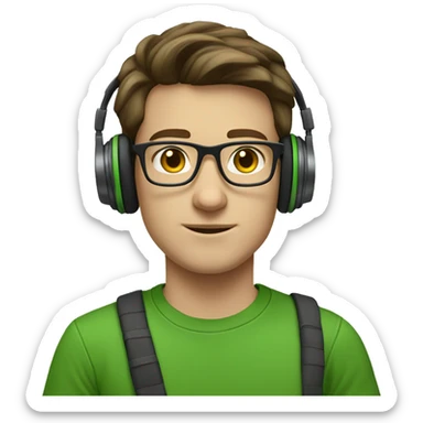 white young man with medium brown hair and square glasses wearing green t-shirt with laptop and headphones sticker