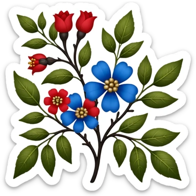 dull green leaves & red & blue flowers filigree design & small fruits& ebony branches, extremely detailed, complex design sticker