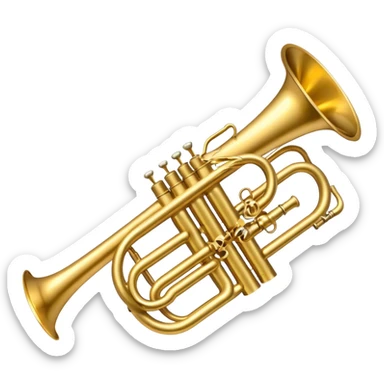 Create a sleek and polished emoji representing the Brahner trumpet. The design should feature the shiny brass body of the trumpet, with its distinct bell shape and coiled tubing. Highlight the three smooth, finger-operated valves, and the mouthpiece at the top of the instrument. The finish of the trumpet should be a rich, golden brass tone with subtle reflections, giving it a polished and professional appearance. Add musical notes or soundwaves around the bell of the trumpet to evoke its bold and brassy sound. Use golden, brass, and silver tones to emphasize the vibrant, high-quality design of the trumpet. The background should be transparent. sticker