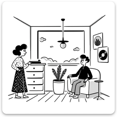 A mid-century modern living room with two people working on laptops — a woman standing at a dresser and a man sitting on a couch. The room has visible floor and two walls forming a corner, large window, modern pendant lamp, turntable, vinyl record stand, retro posters on the wall sticker