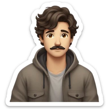 20 year old men with a mustache and dark brown hair and brown eyes snuggled up sitting on the floor of the street with a passive aggressive face sticker